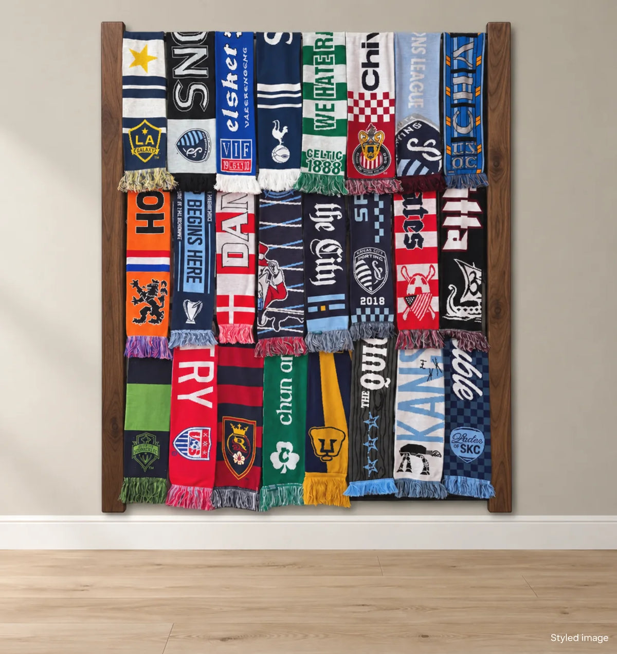Mural rack in Special Walnut with scarves, styled image