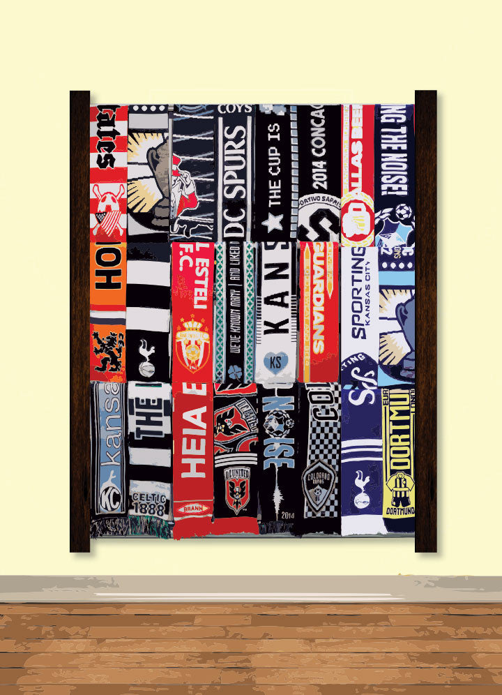 Nou Soccer Scarf Display Rack Wooden rack with neatly arranged scarves.