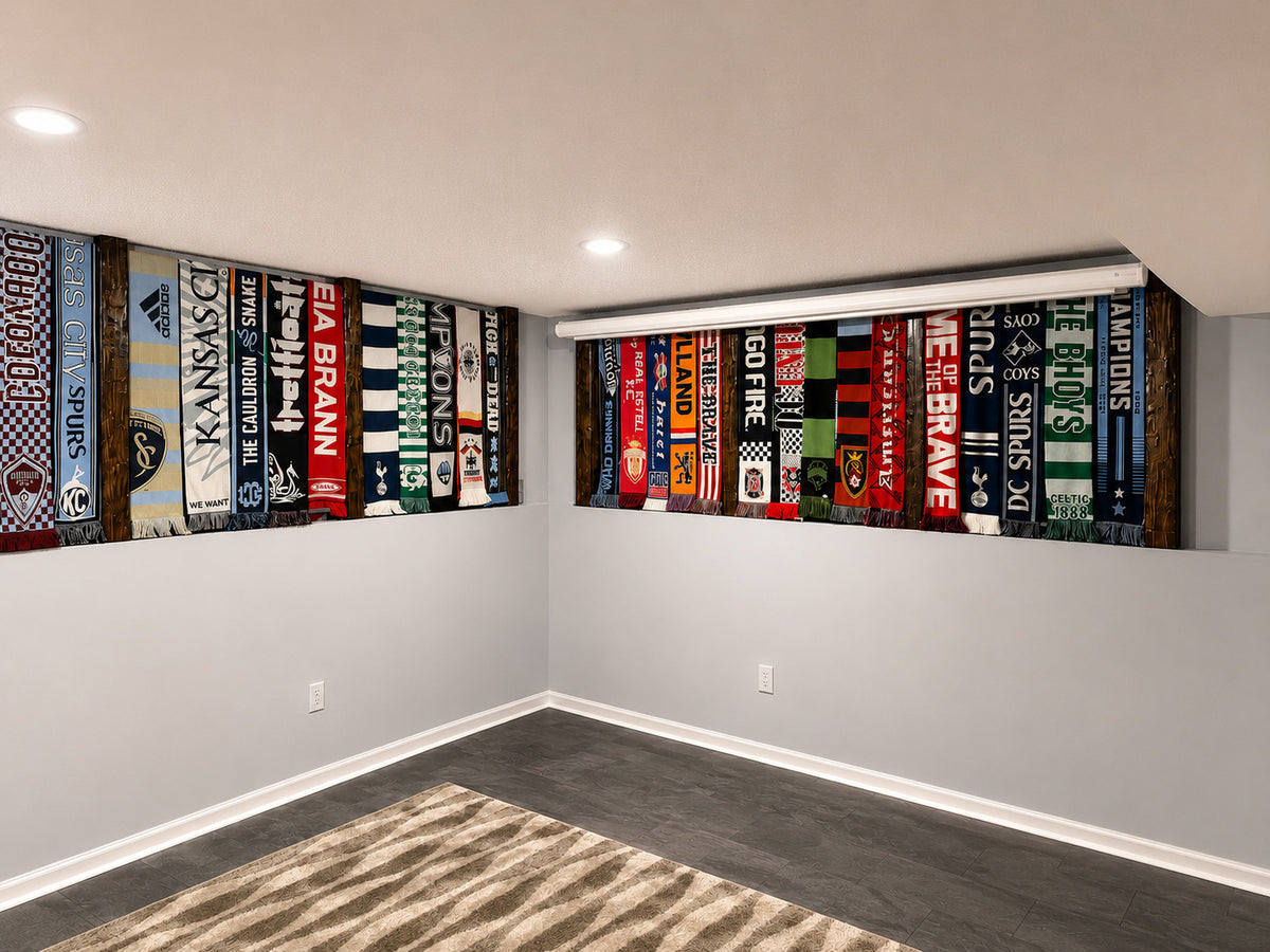 Scarf display rack on wall in home interior