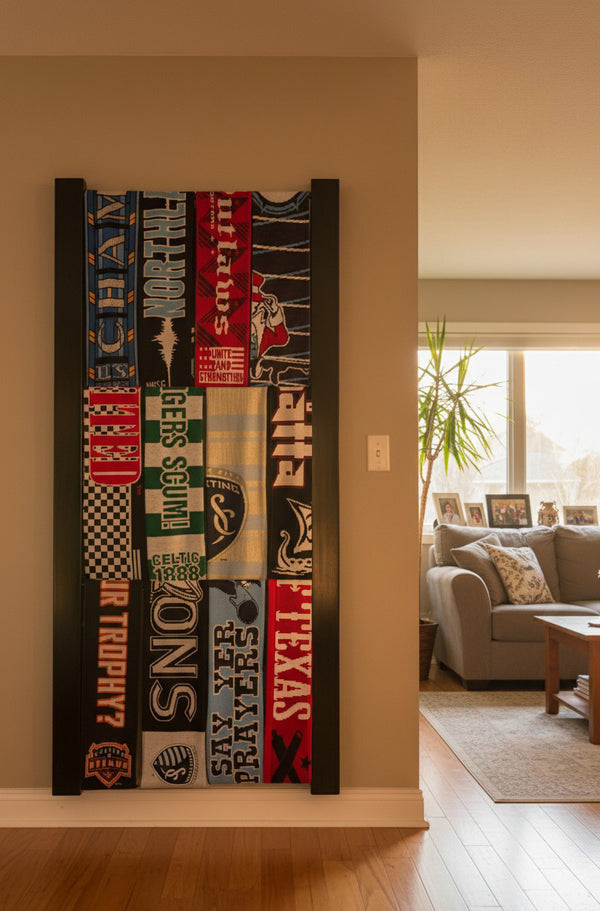 Scarf rack showcasing multiple team scarves in vertical rows
