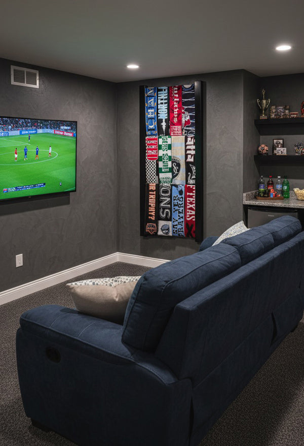 Sports scarf display rack in a clean modern man cave