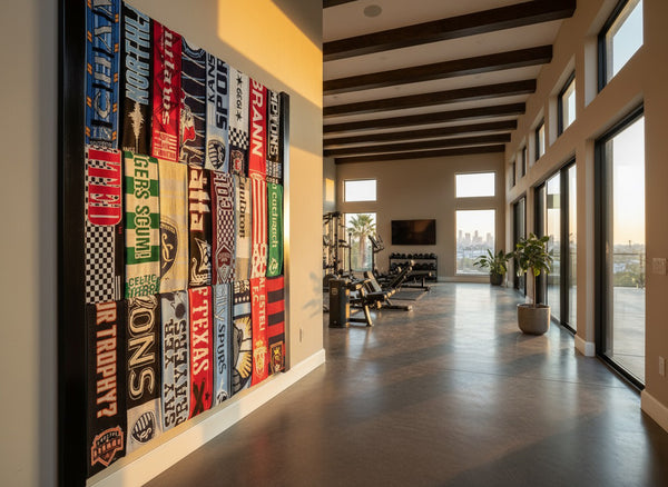 Wall-mounted scarf display rack holding a collection of soccer scarves