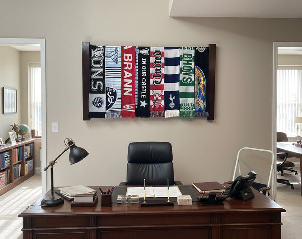 Sports scarf display rack in a clean modern office