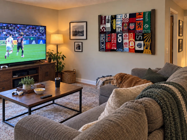 Soccer scarf collection displayed in cozy basement