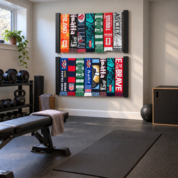 Sports scarf display racks in a clean modern home gym