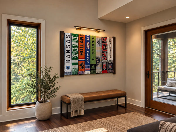 Scarf rack showcasing multiple team scarves in vertical rows