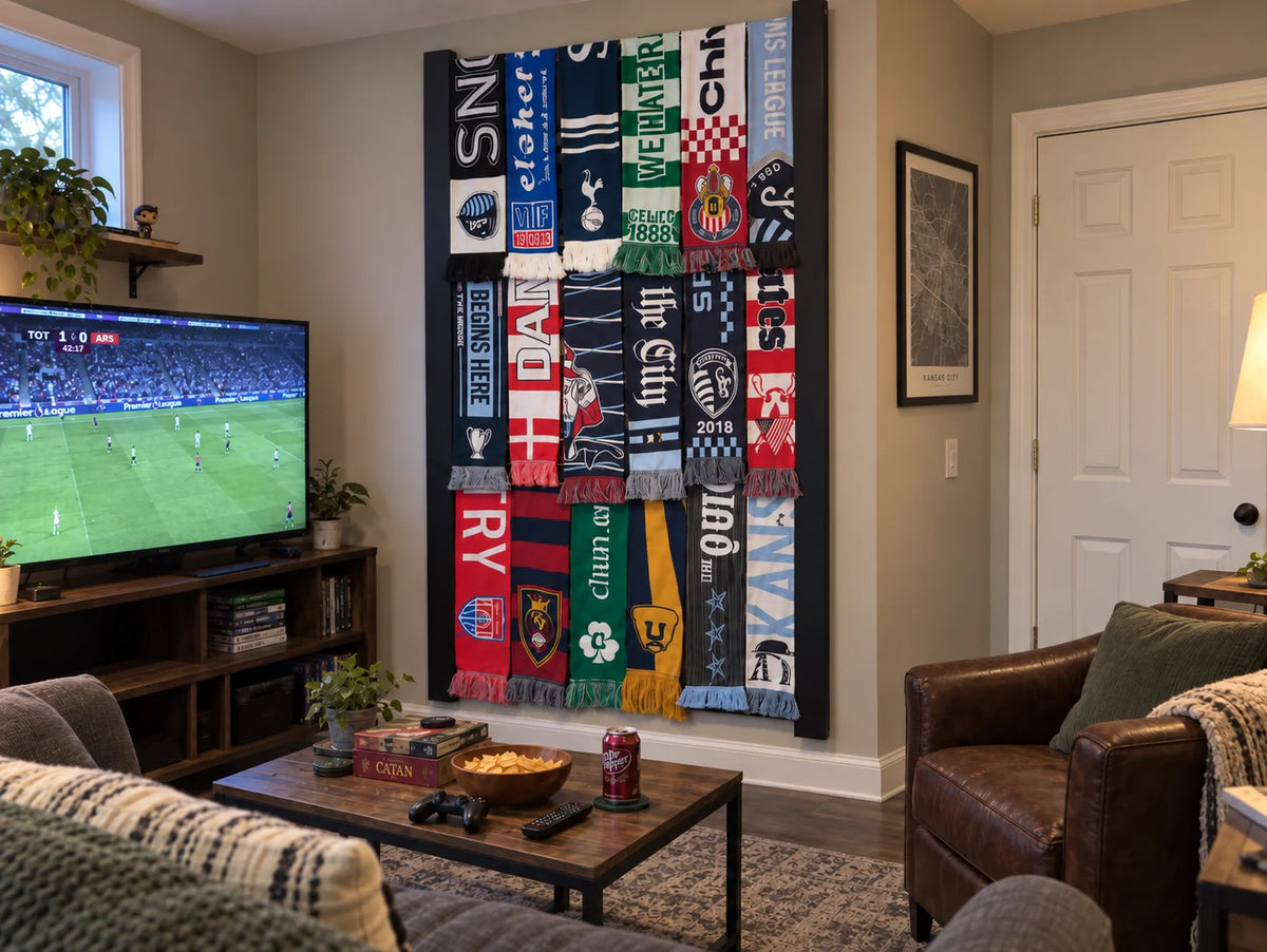 Mosaic rack in Black full of scarves in a living room