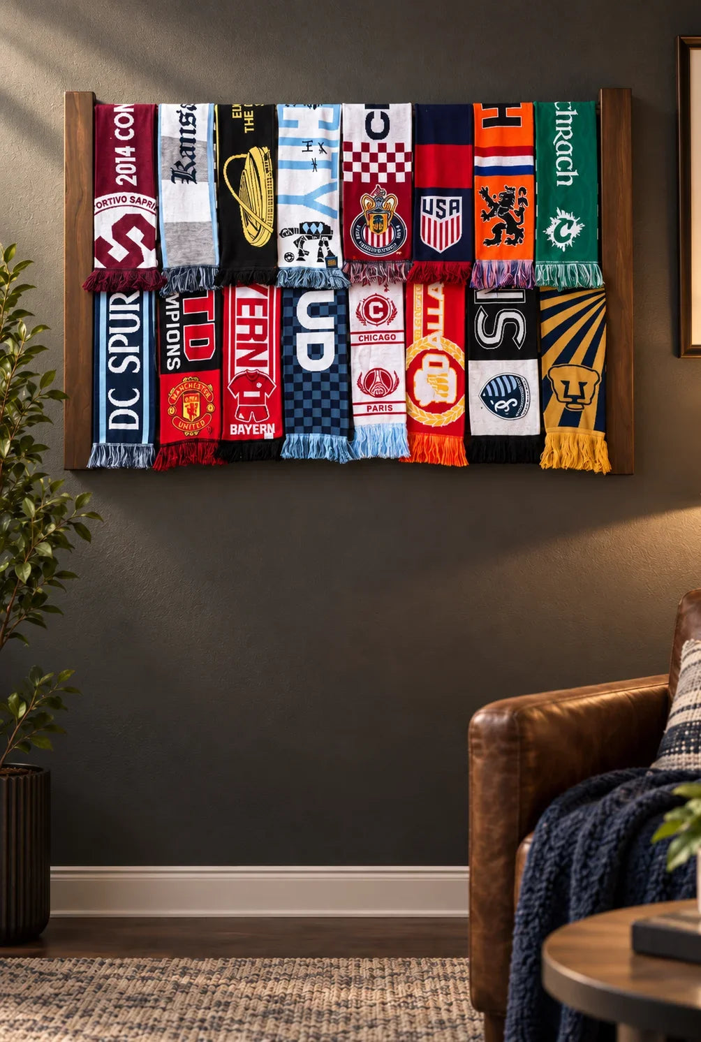 Two rows of soccer scarves on a wood rack above a leather armchair
