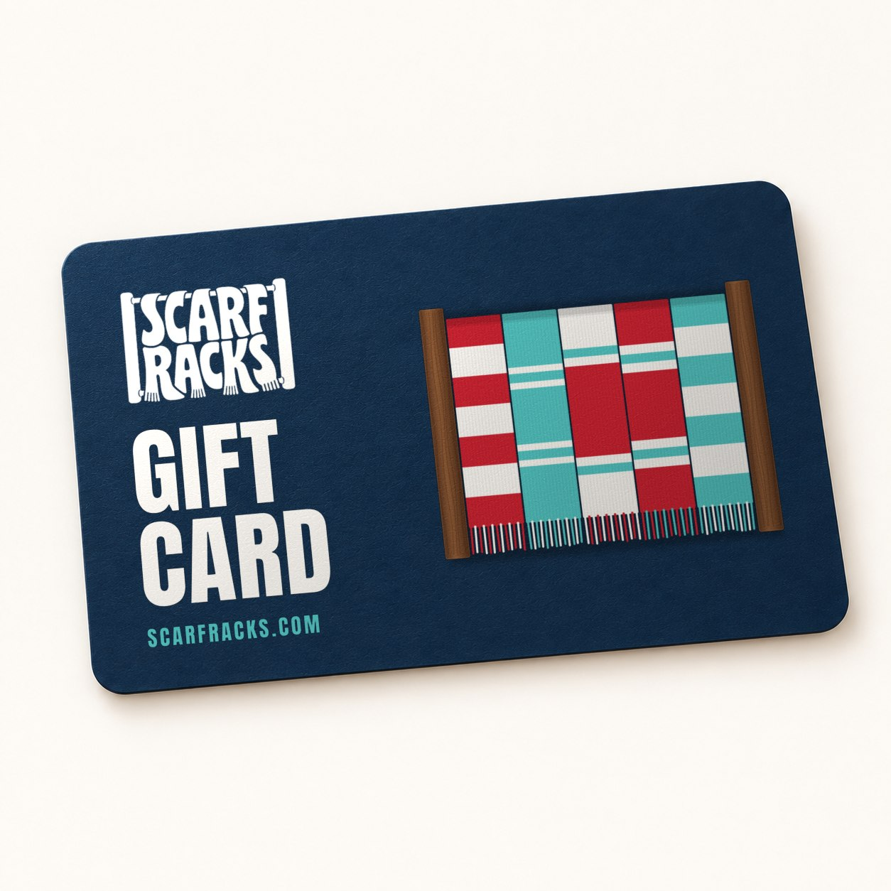 ScarfRacks gift card: navy card with the ScarfRacks logo, GIFT CARD, and five striped scarves on a Chant rack in Special Walnut