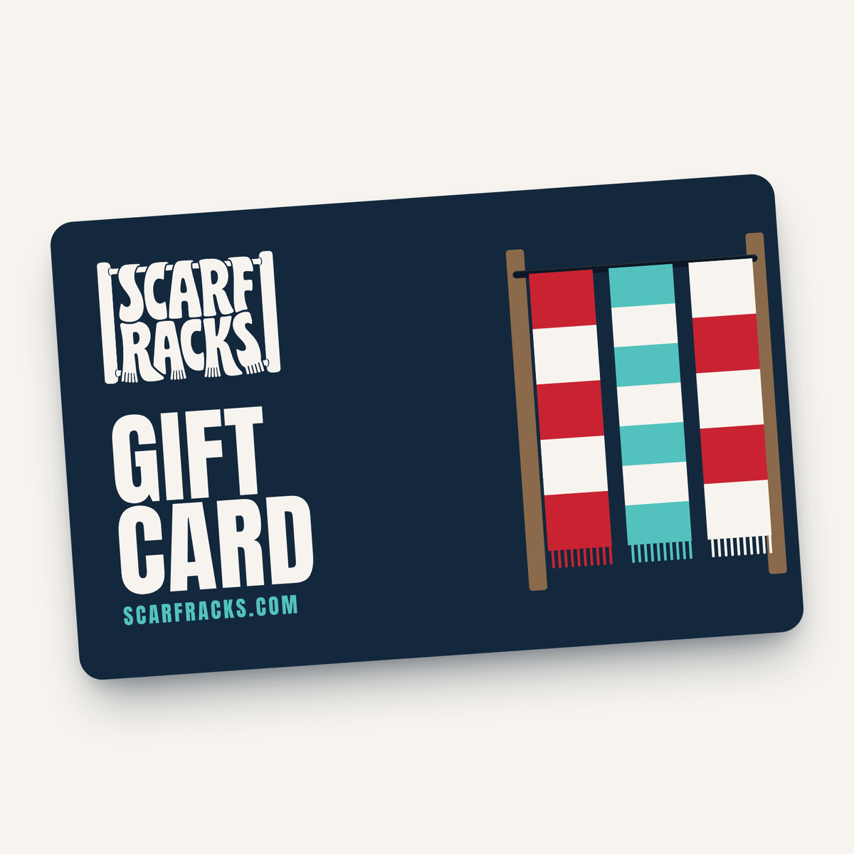 ScarfRacks gift card: navy card with the ScarfRacks logo and three striped scarves on a rack