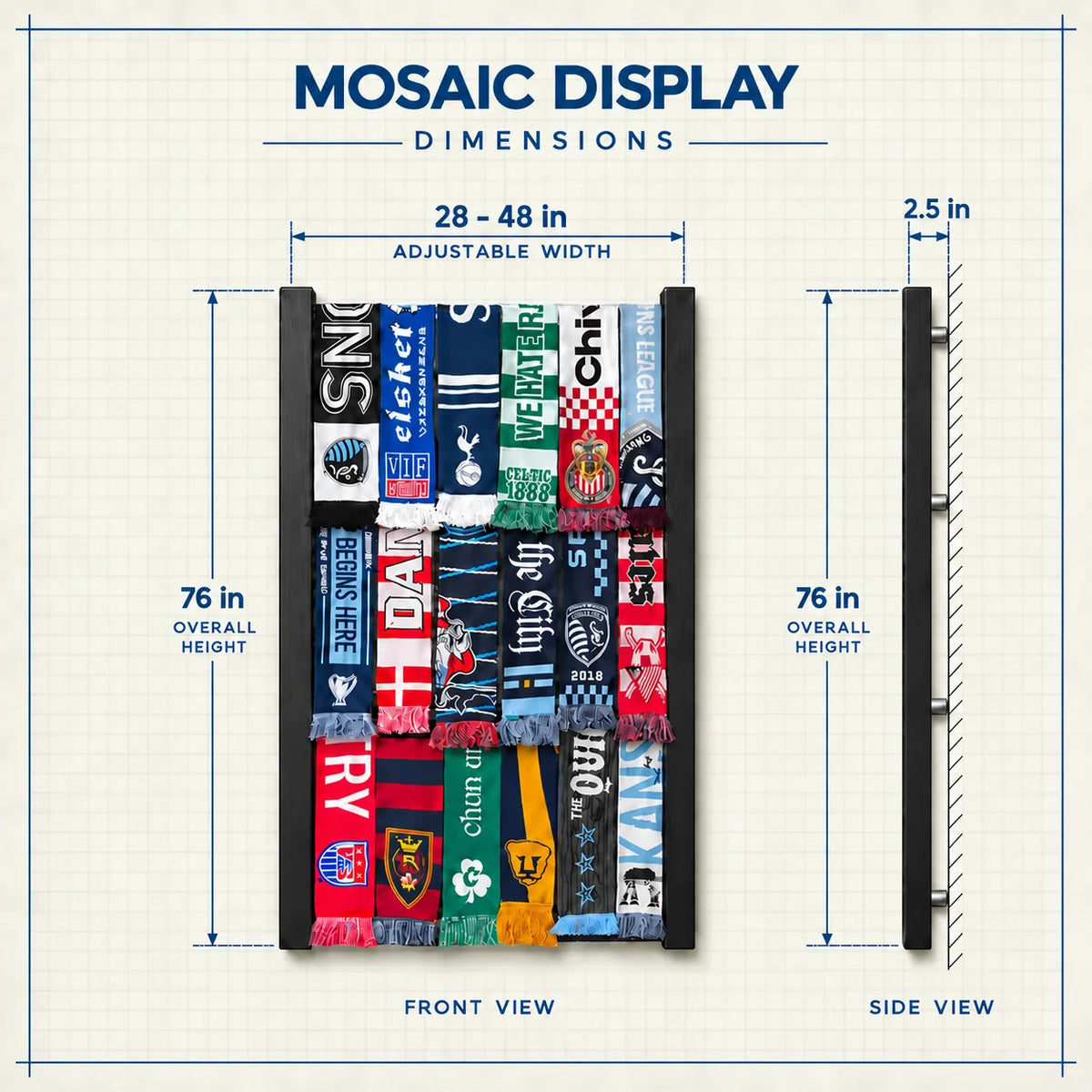 Mosaic dimension drawing: 76 inches tall, 28–48″ wide