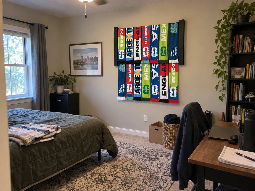 Two Chorus racks of World Cup scarves in a spare bedroom