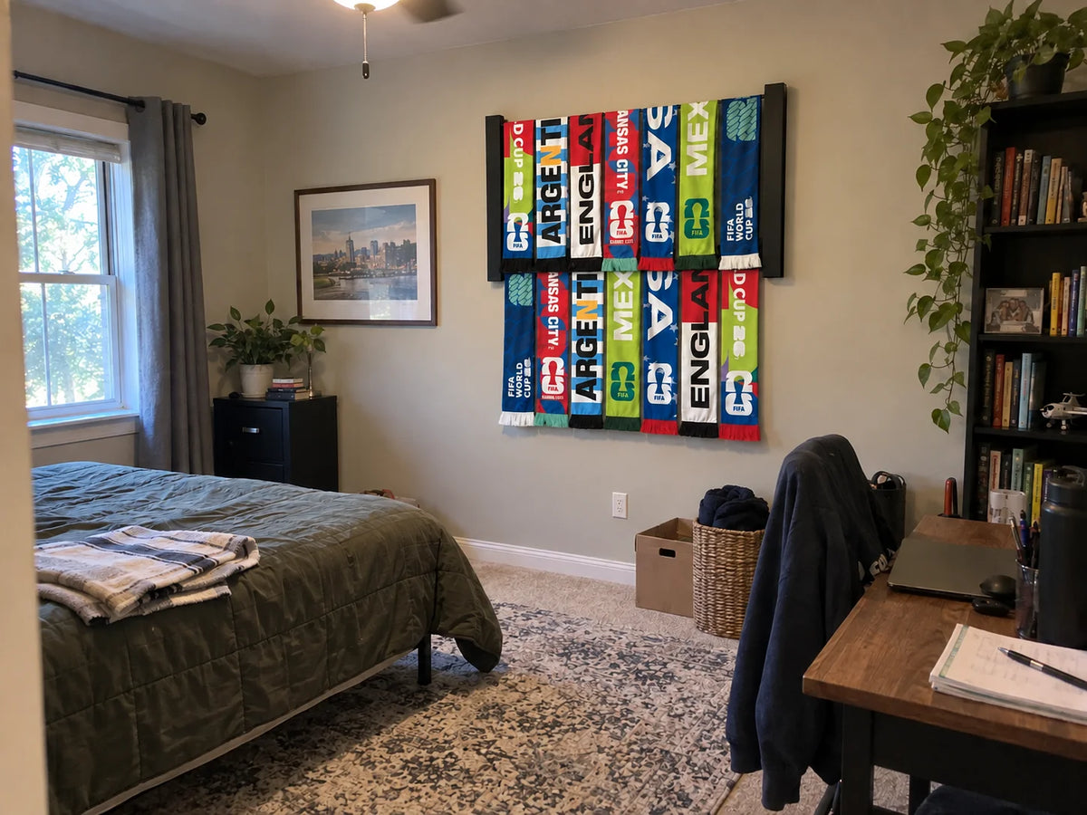 Two Chorus racks of World Cup scarves in a spare bedroom