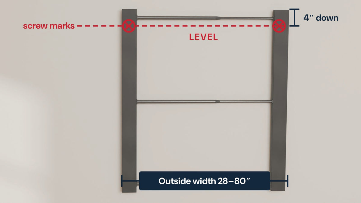 Two uprights on the wall with level screw marks 4 inches below the top