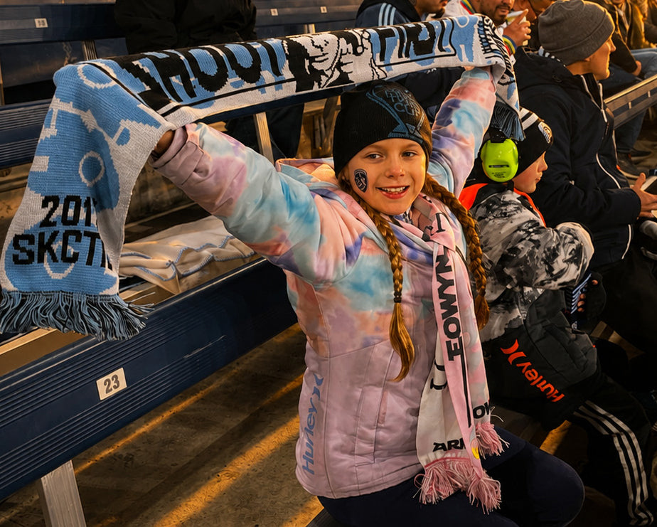 Soccer supporters in stadium with scarves