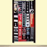 Bernabeu Soccer Scarf Display Rack: Wooden rack with neatly arranged scarves.