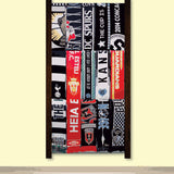 Bernabeu Soccer Scarf Display Rack: Wooden rack with neatly arranged scarves.