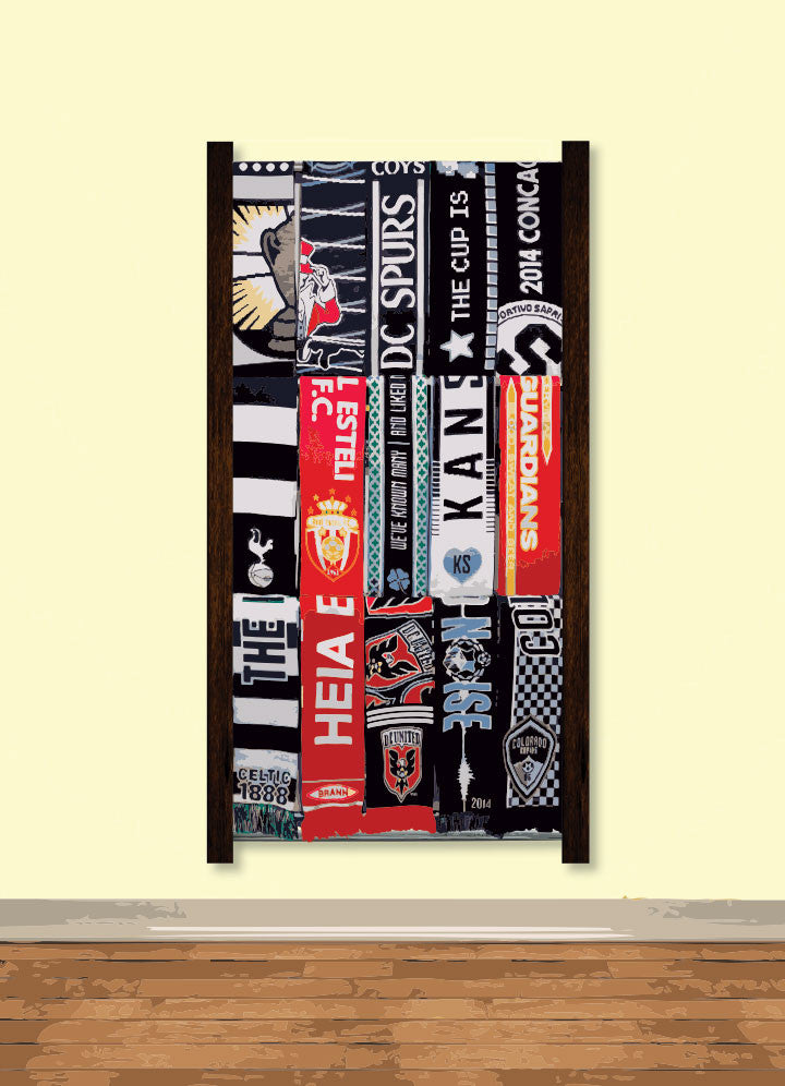 Bernabeu Soccer Scarf Display Rack: Wooden rack with neatly arranged scarves.