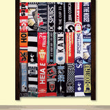 Nou Soccer Scarf Display Rack Wooden rack with neatly arranged scarves.
