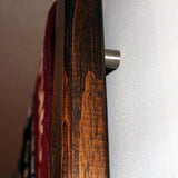 Nou Soccer Scarf Display Rack Close up view a wood  display rack